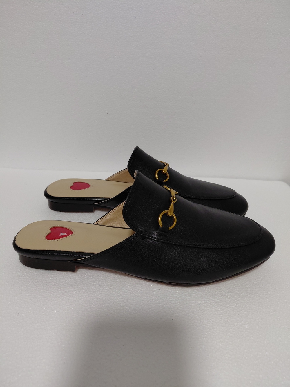 Black Leather Slide Loafers with Gold Bit Detail